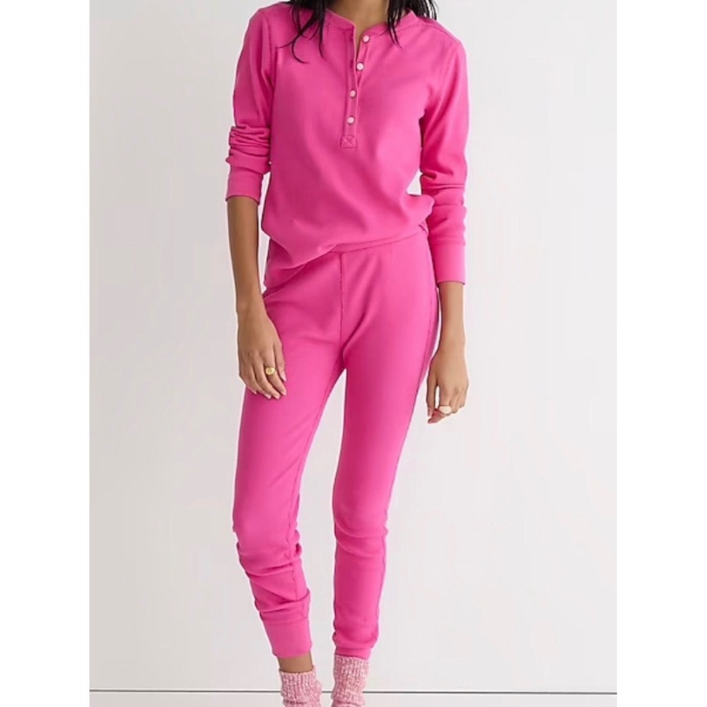 J. CREW Bright Pink‎ Stretch Cotton Waffle Knit Thermal Henley Pajama Set L